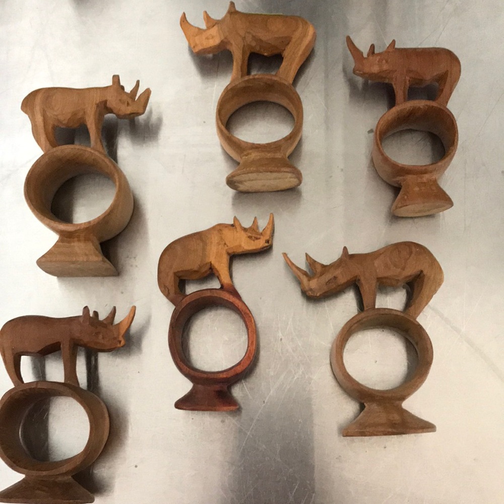 Set of 6 Hand Carved Rhino Napkin Rings Wood